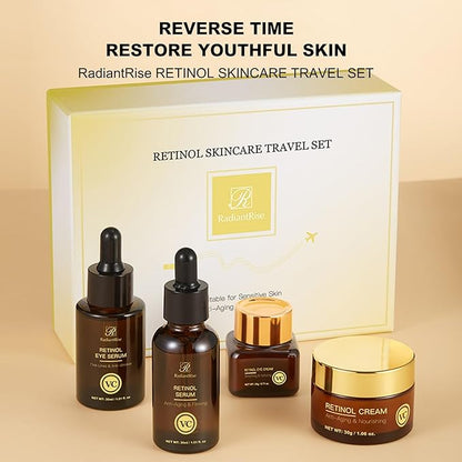 Retinol Skincare Travel Kit - Mini Facial Care Set,Travel Skincare Set with Essence, Cream & Eye Treatment | Hydrating Age-Defying Routine, Vacation-Ready Skincare Gifts