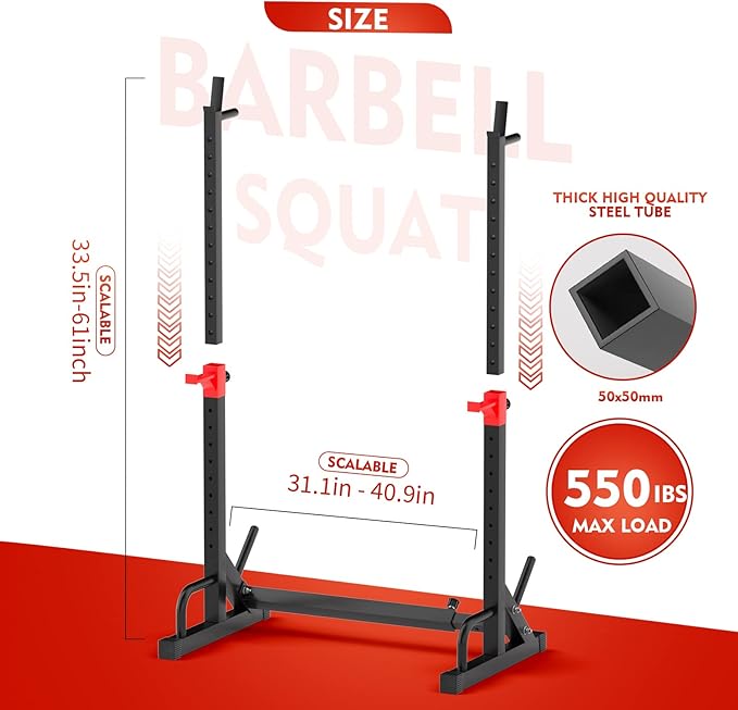 Squat Rack, Barbell Rack, Bench Press 550 LBS Max Load Adjustable Squat Rack Stand Multi-Function Weight Lifting Home Gym - Great for Beginners and Professional Use