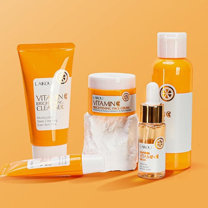 5 Pieces Vitamin C Serum Facial Skin Care Set,Skin Revitalizer, Nourishing, Lightening, Brightening Skin Tone, Gift Set Travel Size Kit with Cleanser, Toner, Serum, Eye Cream, Face Cream
