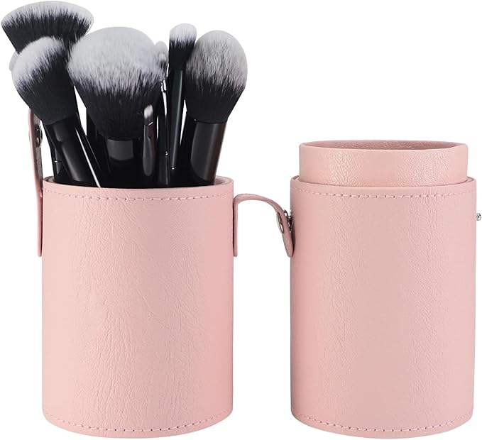 Portable Makeup Brush Case,Pu Leather Makeup Brush Holder with Button,Travel Cup Storage Dustproof Makeup Cosmetic Bags for Women (Pink)