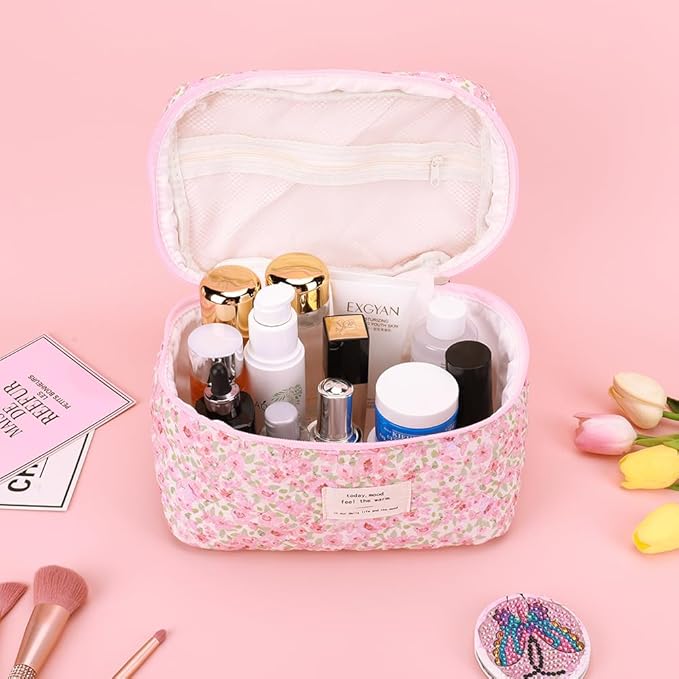 Quilted Makeup Bag Set 3 Pcs Cotton Cute Makeup Bags For Women Large Aesthetic Floral Cosmetic Bag Coquette Flower Makeup Pouch