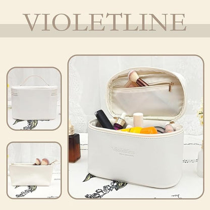 Travel Cosmetic Bag for Women, PU Leather Cosmetic Bag Set of 2, Waterproof, Large Makeup Bag with Handle (White makeup bag)