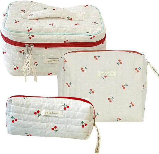 Quilted Makeup Bag Set 3 Pcs Cotton Cute Makeup Bags For Women Large Aesthetic Floral Cosmetic Bag Coquette Flower Makeup Pouch