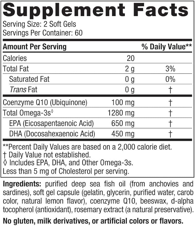 Nordic Naturals Ultimate Omega + CoQ10, Lemon - 120 Soft Gels - 1280 mg Omega-3 + 100 mg CoQ10 - Heart Health, Cellular Energy, Antioxidant Support - Non-GMO - 60 Servings