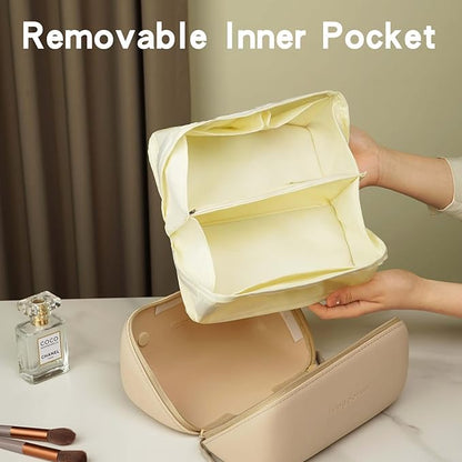 Travel Makeup Bag, Large Capacity Waterproof Cosmetic Bag for Women, Portable Pouch Open Flat Toiletry Bag Make up Organizer with Divider and Handle,Yellow