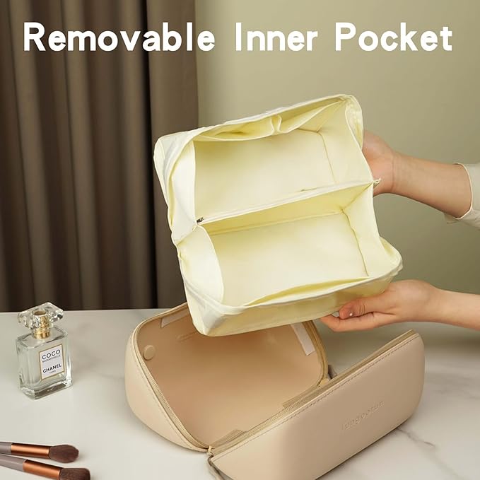 Travel Makeup Bag, Large Capacity Waterproof Cosmetic Bag for Women, Portable Pouch Open Flat Toiletry Bag Make up Organizer with Divider and Handle, Beige