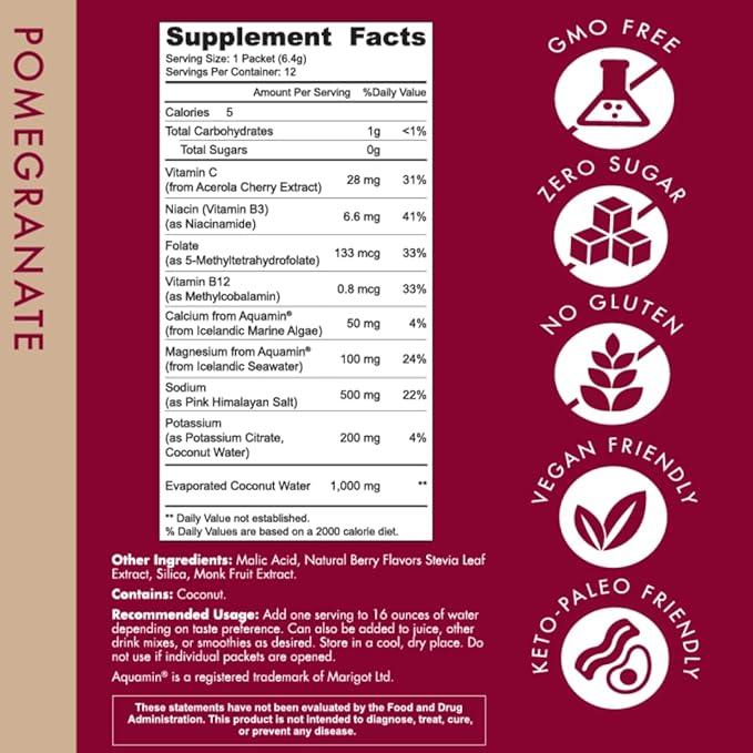 Holistix Electrolyte Powder: Zero Sugar Hydration | Enhanced with Icelandic Marine Algae | Natural Flavors | Keto & Paleo Friendly | 12 Stick Packs (Pomegranate)