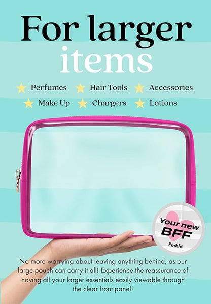 Clear Makeup Bag Zipper Pouch, Transparent Cosmetic Case Organizer, TSA Approved Travel Toiletry Case, Travel Accessories Essentials Makeup Tote for Women, Large Cute Make up Bag for Purse - Fuchsia