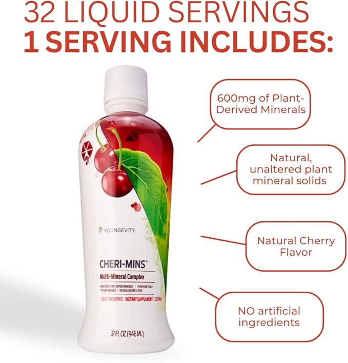 Youngevity Cheri-Mins™ Plant Derived Liquid Minerals - Great Tasting Formula - 77+ Natural Unaltered Trace Minerals - Colloidal Form Humic Shale (32 Fl Oz)