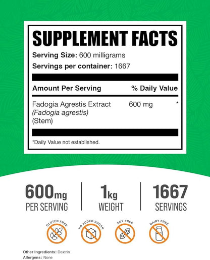 BulkSupplements.com Fadogia Agrestis Extract Powder - Fadogia Agrestis Supplement, Fadogia Agrestis 600mg - for Energy Boost, Gluten Free, 600mg per Serving, 1kg (2.2 lbs) (Pack of 1)