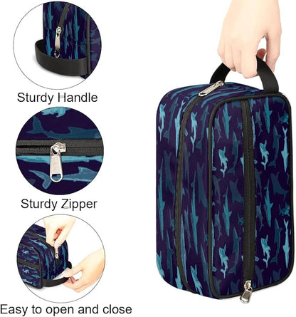 Navy Blue Shark Hanging Toiletry Bag,Travel Hygiene Kits for Boys Mens,Waterproof Makeup Carry-on Bags,Cosmetic Bag,TSA Approved Shave Dopp Kit for Toiletries Shower Bathroom Accessories Gifts
