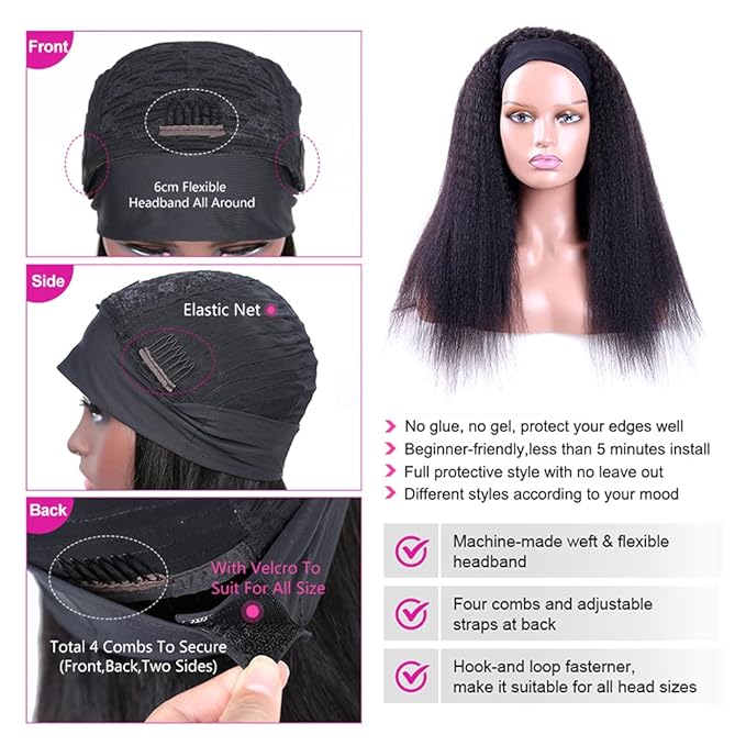 Headband Wigs Human Hair 180% Density 12A Kinky Straight Human Hair Headband Wigs For Black Women Yaki Straight Human Hair Wigs With Headband Attached Half Wig Natural Black Color 24 Inch