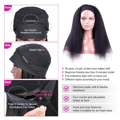 Headband Wigs Human Hair 180% Density 12A Kinky Straight Human Hair Headband Wigs For Black Women Yaki Straight Human Hair Wigs With Headband Attached Half Wig Natural Black Color 24 Inch