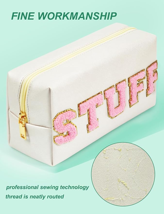 Preppy Makeup Bag, Synthetic Leather Patch Cosmetic Bag with STUFF Chenille Letter for go out, Gift for Girlfriend or Wife, Present for Girls, Daughter and Mum (Cream)