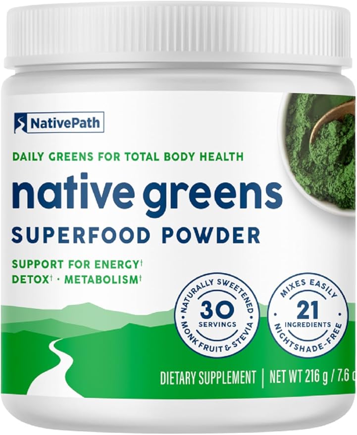 NativePath Native Greens Superfood Powder - Daily Super Greens Powder with Organic Greens and Superfoods to Support Detox, Thyroid, and Gut Health for Energy and Positive Body Changes, 30 Servings