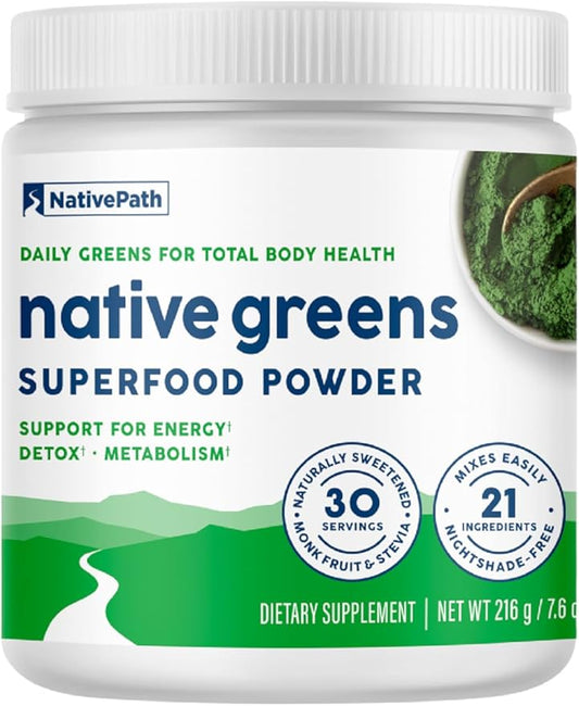 NativePath Native Greens Superfood Powder - Daily Super Greens Powder with Organic Greens and Superfoods to Support Detox, Thyroid, and Gut Health for Energy and Positive Body Changes, 30 Servings