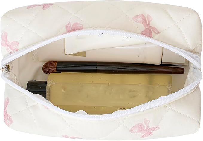 Quilted Cotton Makeup Bag Travel Cosmetic Bag for Women Girls, Zipper Make Up Pouch, Bow Pattern Toiletry Organizer Makeup, Portable Storage Bag (Pink Bow Tie)