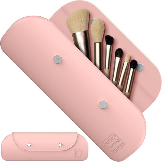 Silicone Makeup Brush Holder Travel Cosmetic Bag，Toiletry Organizer，Portable Cosmetic Organiser with Two Upgraded Anti-fall Off Magnetic Clips-Pink