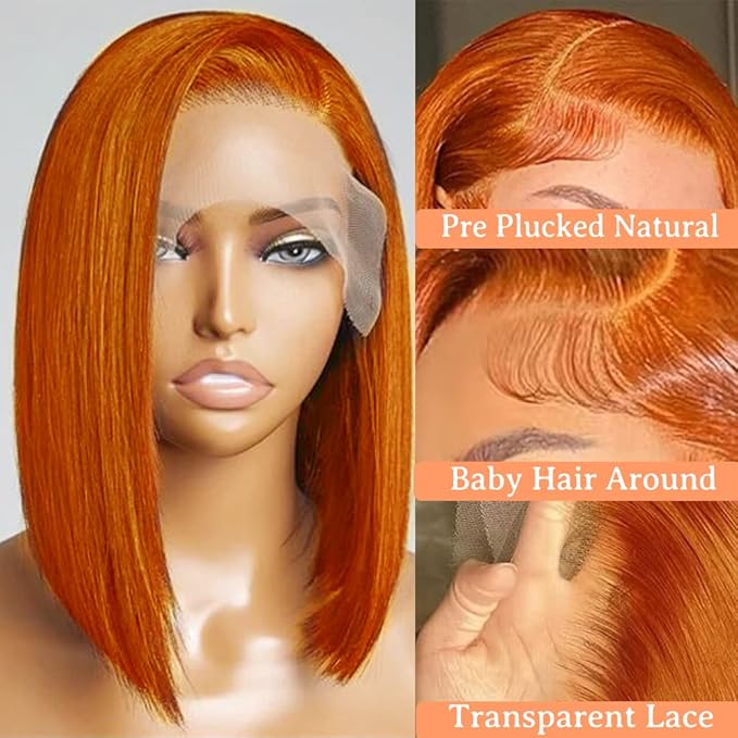 Ginger Bob Lace Front Wigs Human Hair 13x4 HD Lace Front Wigs 150% Density Colored Straight Short Bob Wig Ginger Orange Bob Lace Front Human Hair Wigs Pre Plucked Natural Hairline With Baby Hair14inch
