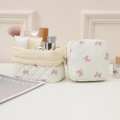 Small Quilted Cotton Makeup Bag for Purse, Cosmetic Bag with Compartments, Cotton Aesthetic Makeup Bag, Travel Toiletry Pouch, Lipstick Bag Card Holder Data Cable Organizer (08White Pink Bow)