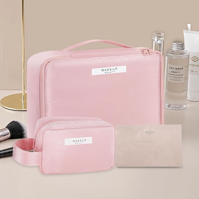 Travel Makeup Bag Cosmetic Bag Makeup Bag Toiletry bag for women and men (Pink-3pcs)