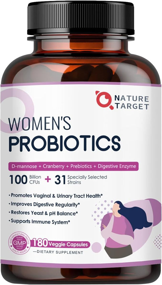Probiotics for Women Digestive Health, 100 Billion CFUs Probiotic with Digestive Enzymes & Prebiotics, Vaginal Probiotics with Cranberry for Urinary Tract Health, pH Balance, 180 Veggie Capsules