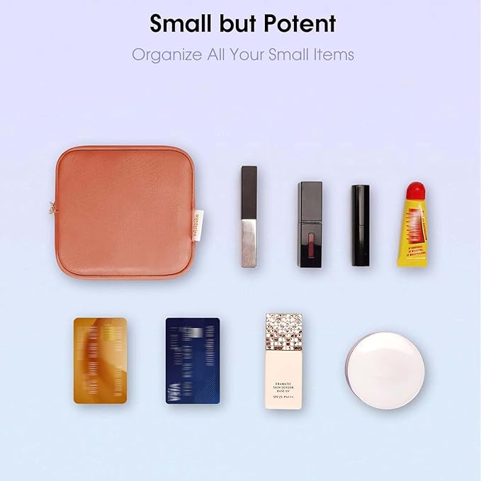 Wandering Nature Small Makeup Bag for Purse Mini Make up Pouch Cute Cosmetic Pouch for Women with Slip-in Pockets Vegan Leather, Orange
