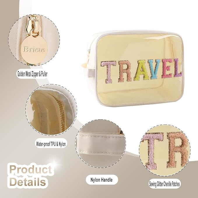 Clear Makeup Bag Large Chenille TRAVEL Pouch Preppy Clear Toiletry Bag TPU and Nylon Cosmetic Travel Bag for Women (Beige-Travel)