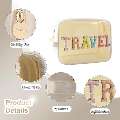 Clear Makeup Bag Large Chenille TRAVEL Pouch Preppy Clear Toiletry Bag TPU and Nylon Cosmetic Travel Bag for Women (Beige-Travel)