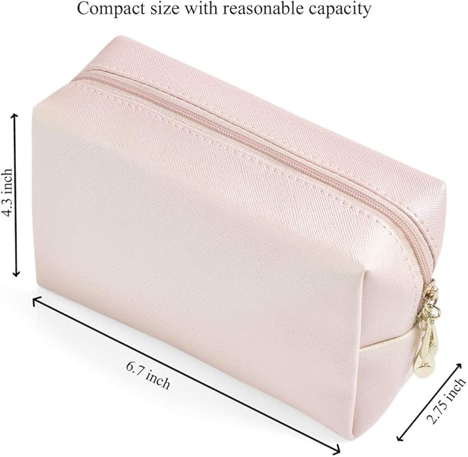 PU Leather Cosmetic Bag for Women Minimalism Makeup Bag for Daily Use Portable Storage Purse Small Neat Cosmetic Pouch Water-resistant Toiletry Bag for Travel (Light Pink)