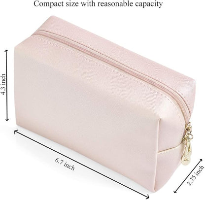 PU Leather Cosmetic Bag for Women Minimalism Makeup Bag for Daily Use Portable Storage Purse Small Neat Cosmetic Pouch Water-resistant Toiletry Bag for Travel (Light Pink)