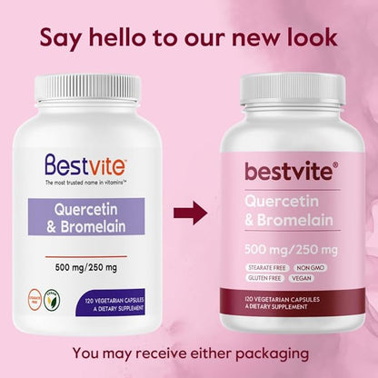 BESTVITE Quercetin with Bromelain 500mg/250mg (240 Vegetarian Capsules) (120 x 2) - No Stearates - No Silicon Dioxide - Vegan - Non GMO - Gluten Free