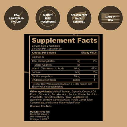 Black Girl Vitamins - Probiotic Gummies for Digestive Health and Immune Support, Gluten-Free Vitamins, (Raspberry-Watermelon), 60ct