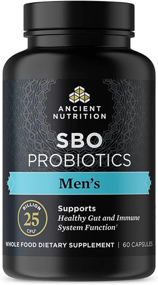 Probiotics for Men by Ancient Nutrition, SBO Probiotics Men's 60 Ct, for Gut Health, Digestive and Immune Support, Boosts Muscle Mass and Fat Metabolism, 25 Billion CFUs* Per Serving