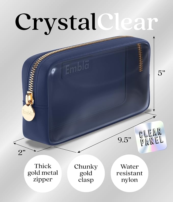 Embla Clear Cosmetic Bag Makeup Case, Clear Zipper Make Up Pouch and Toiletry Travel Tote, Cute Skincare Pouches for Women Girls, Preppy Purse Cosmetic Organizer, Small Makeup Bags, Sapphire