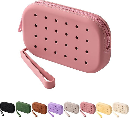 Portable Silicone Makeup Bag for Women, Small Travel Toiletry Cosmetic Bag with Decorative Holes, Zipper Closure Organizer Makeup Case with Handle (Red)
