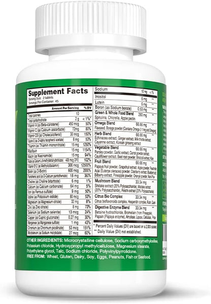 Whole Food Multivitamin for Men Women - with 65+ Vitamins, Minerals, Organic Nature Powder & Extracts - Whole Food Supplement for Energy, GUT, immune Health - All Natural, Non-GMO 90 Vegan Tablets