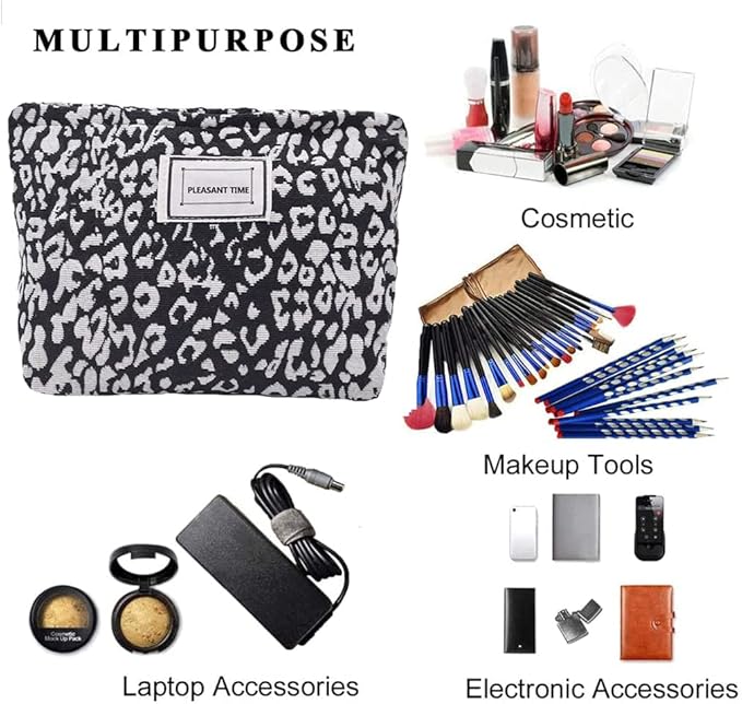 Cosmetic Bags for Women Makeup Bag Large Capacity Toiletry Purse Travel Zipper Storage Pouch Make up Brushes Organizer for Gifts (Grey, Leopard)
