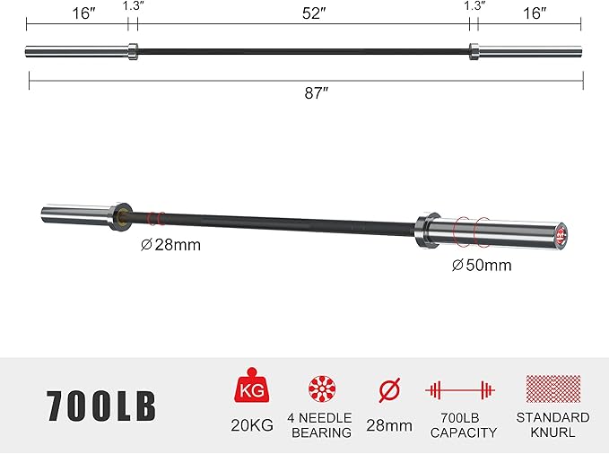 Elevens Olympic Barbell Training Curl Weight Bar 300LBS/330LBS/700LBS /1000LBS/1500LBS Capacity,Chrome