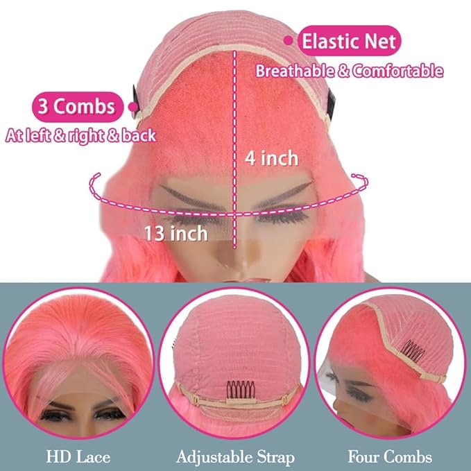 20 Inch Pink Lace Front Wig Human Hair 13x4 HD Lace Pink Body Wave Wig Human Hair Pre Plucked Colored Body Wave Wig Human Hair For Women 150% Density Strawberry Body Wave Lace Front Wig