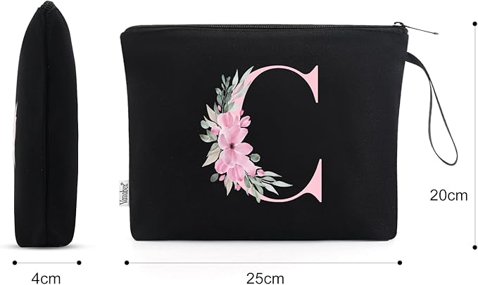 Vavabox A-Z Personalized Makeup Bag, Birthday Gifts for Women Mom, Gifts for Best Friend, Bride Bridesmaid Cosmetic bag (C, Black)