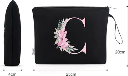 Vavabox A-Z Personalized Makeup Bag, Birthday Gifts for Women Mom, Gifts for Best Friend, Bride Bridesmaid Cosmetic bag (C, Black)