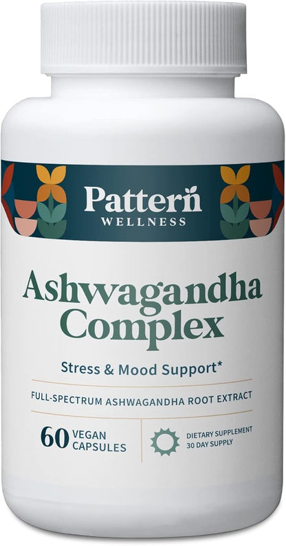 Pattern Wellness Ashwagandha Complex for Men & Women - KSM-66 & Black Pepper Extract - Whole Body & Heart Health - Supports Stress & Mood - Non-GMO - 60 Vegan Capsules
