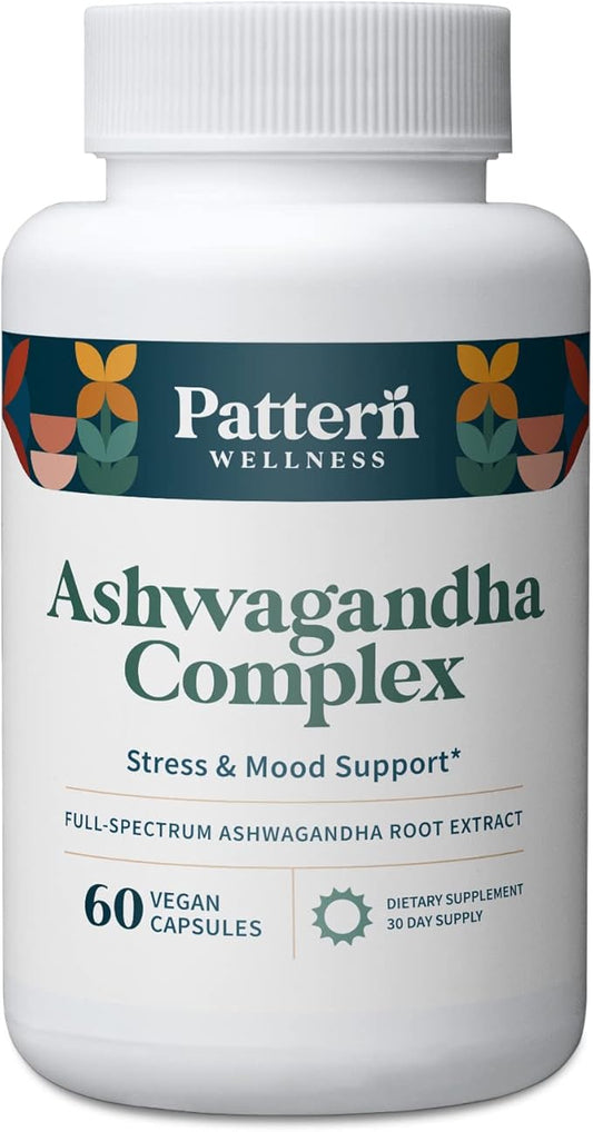 Pattern Wellness Ashwagandha Complex for Men & Women - KSM-66 & Black Pepper Extract - Whole Body & Heart Health - Supports Stress & Mood - Non-GMO - 60 Vegan Capsules