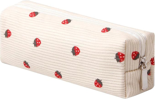 Cosmetic Bag for Women Corduroy Makeup Bag Travel Make Up Organizer Tool Pouch Small Bag for Purse, Zipper Portable Storage Pouch Toiletry Bag for Women (Beige strawberry)