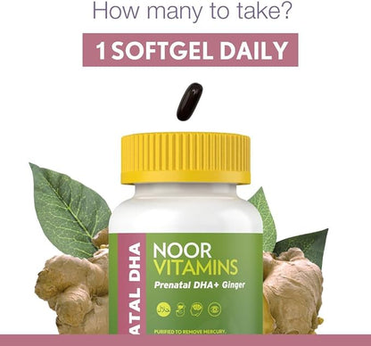 Noor Vitamins Halal Prenatal Vitamins with DHA and Folic Acid, Essential Vitamins, Ginger to Soothe Mom's Stomach, Iron, Softgels, Prenatal Vitamin Before/During/Post Pregnancy (3 Months Supply)
