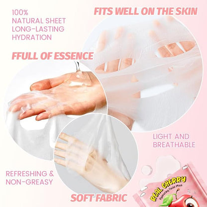 8 Pack Cherry Fruit Face Mask,Pink Face Masks Spa Day kit Supplies for Teens Girls Women,Sheet Facial Mask Skincare for Kids Gifts Set,Hydrate Nourish Soothe for All Skin Types,Spa Party Favors