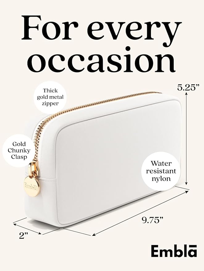 Embla Makeup Bag Travel Cosmetics Pouch and Toiletry Bag, Nylon Zipper Pouch Purse, Cute Make Up Organizer Storage Tote for Women Girls, Waterproof Travel Skincare Case, Small Makeup Bags, Blanc White