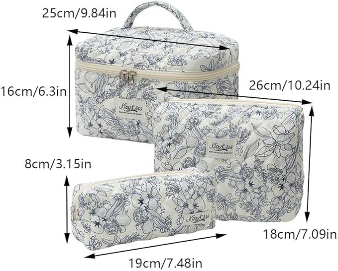 Quilted Makeup Bag Set 3 Pcs Cotton Cute Makeup Bags For Women Large Aesthetic Floral Cosmetic Bag Coquette Flower Makeup Pouch