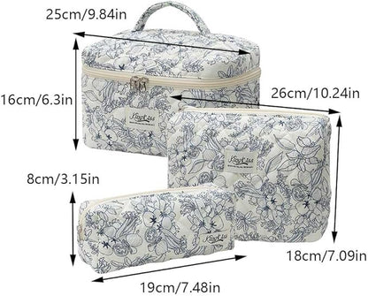Quilted Makeup Bag Set 3 Pcs Cotton Cute Makeup Bags For Women Large Aesthetic Floral Cosmetic Bag Coquette Flower Makeup Pouch